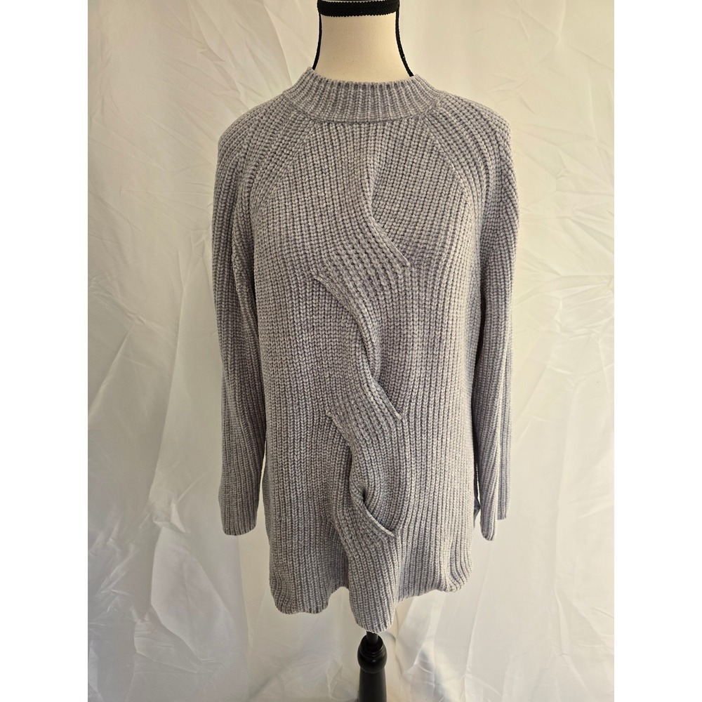 J Jill Chenille Knit Cable Knit Mock Neck Sweater Light Gray Size L